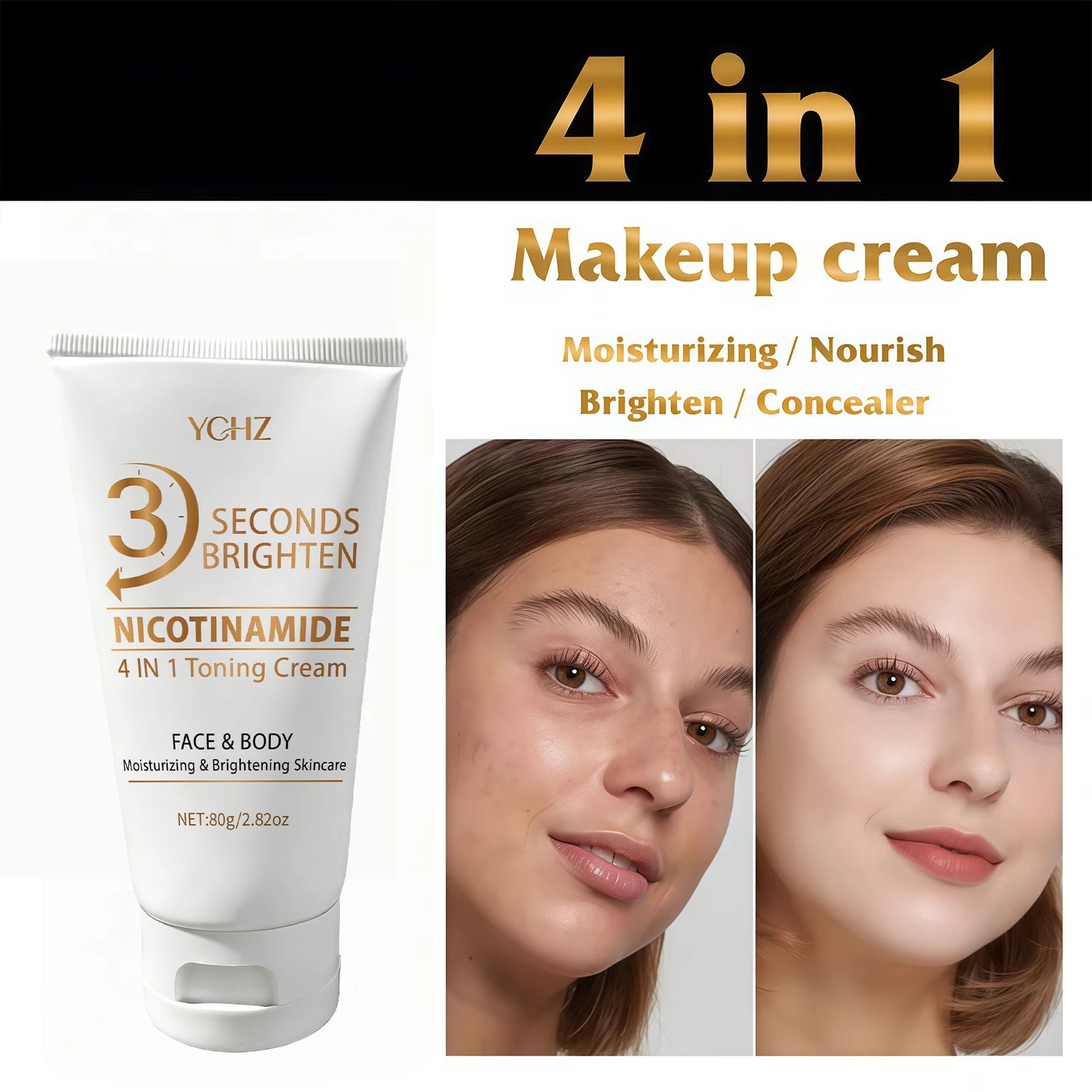 3-Second Quick Skin Tone Evens-Out Cream, 4-in-1 Skin Brightening and Moisturizing Cream, Deep Hydration, Refreshing and Non-Sticky, Contains Niacinamide and Vitamins C, E, Light Beige Skin Care Cream, Skin Care.