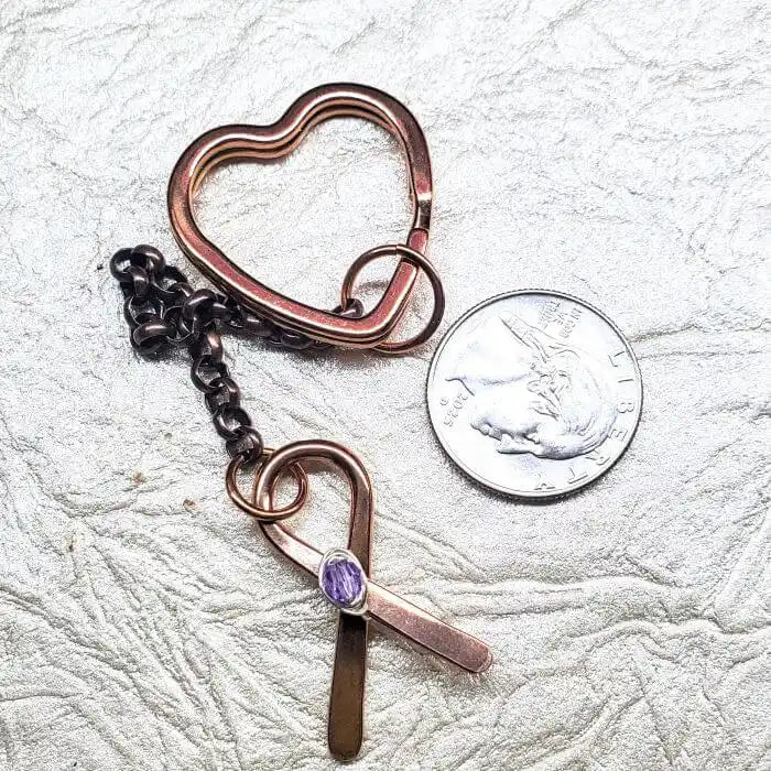 Handmade Caregiver Crystal Copper Ribbon Heart Key Chain