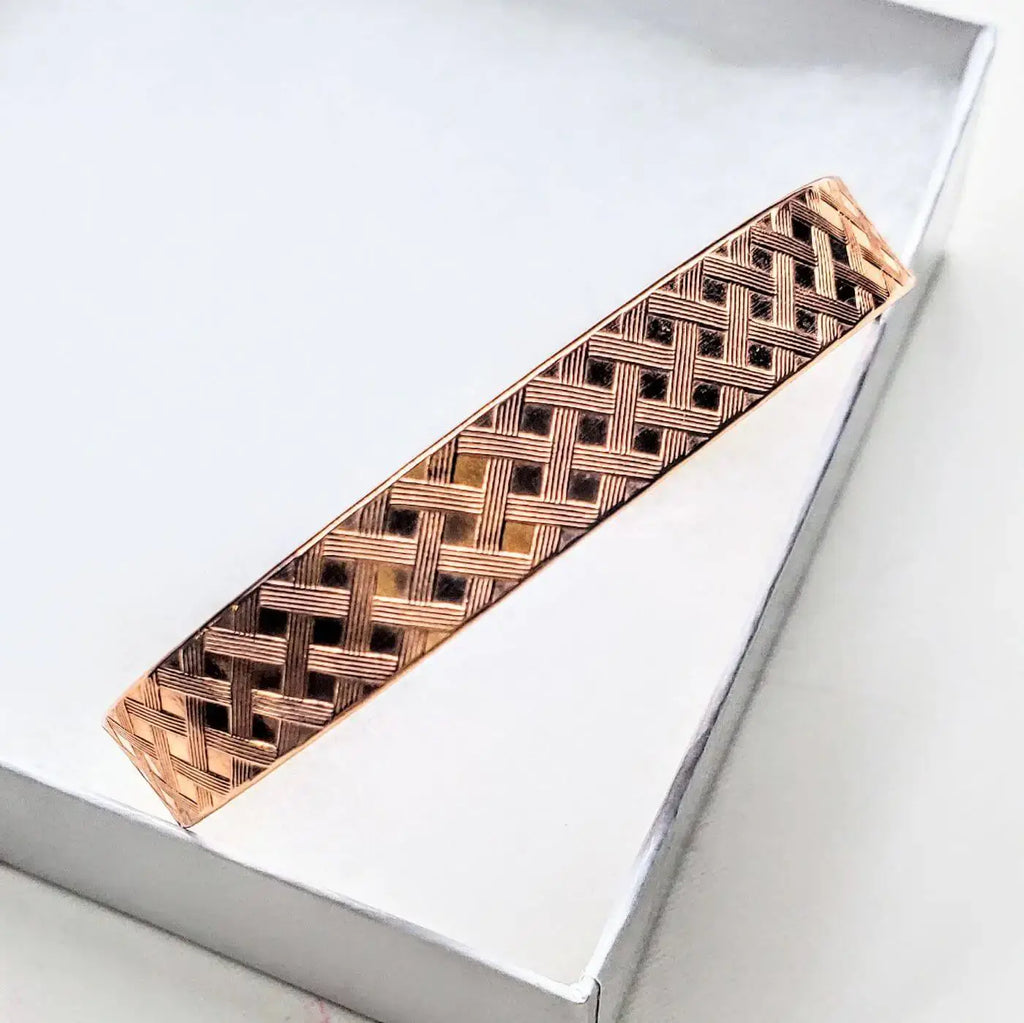 His and Her Copper Embossed Weave Cuffs 16 Gauge