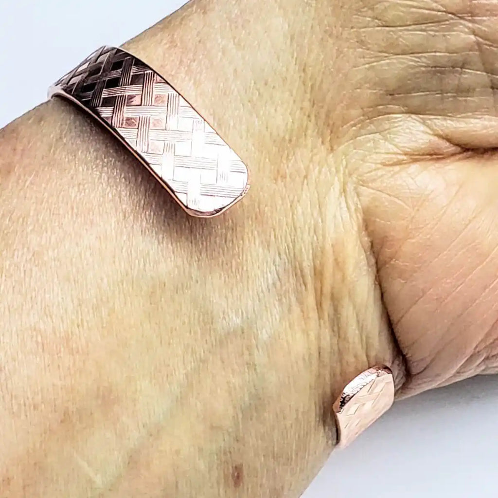 His and Her Copper Embossed Weave Cuffs 16 Gauge