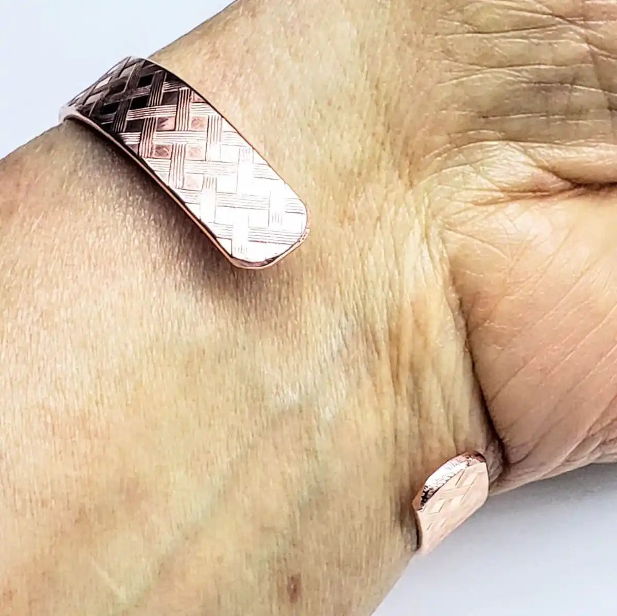 His and Her Copper Embossed Weave Cuffs 16 Gauge