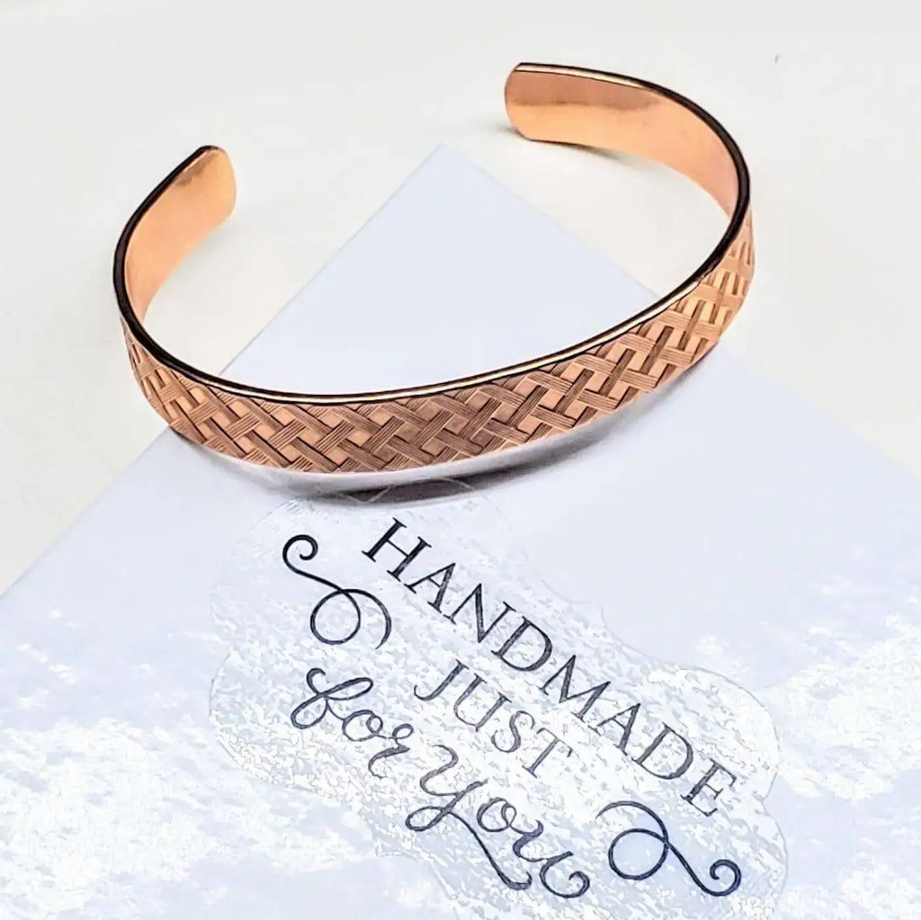 His and Her Copper Embossed Weave Cuffs 16 Gauge