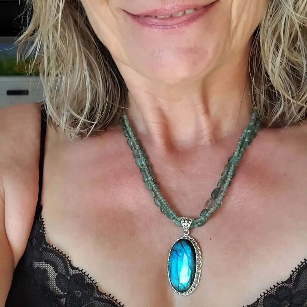 Multi Strand Blue Green Silver Bezel Labradorite Necklace