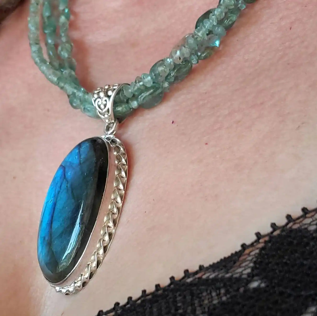 Multi Strand Blue Green Silver Bezel Labradorite Necklace