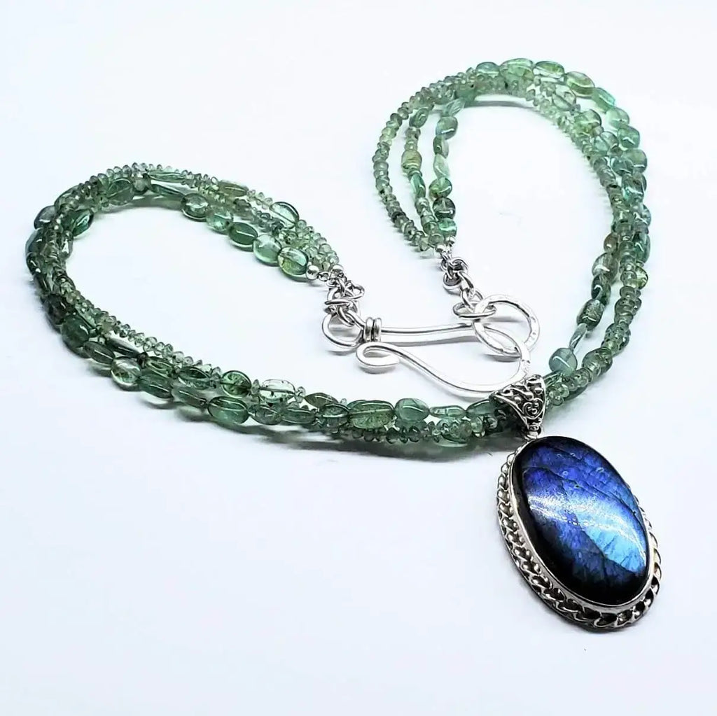 Multi Strand Blue Green Silver Bezel Labradorite Necklace