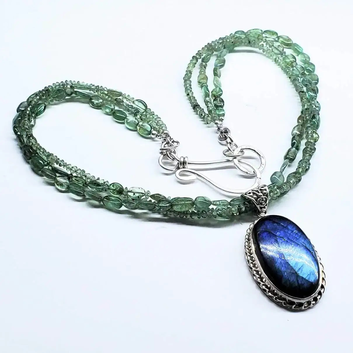 Multi Strand Blue Green Silver Bezel Labradorite Necklace