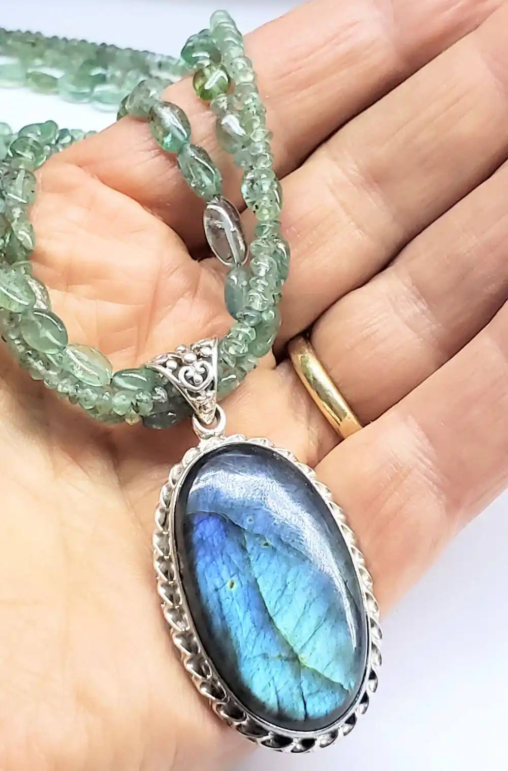 Multi Strand Blue Green Silver Bezel Labradorite Necklace