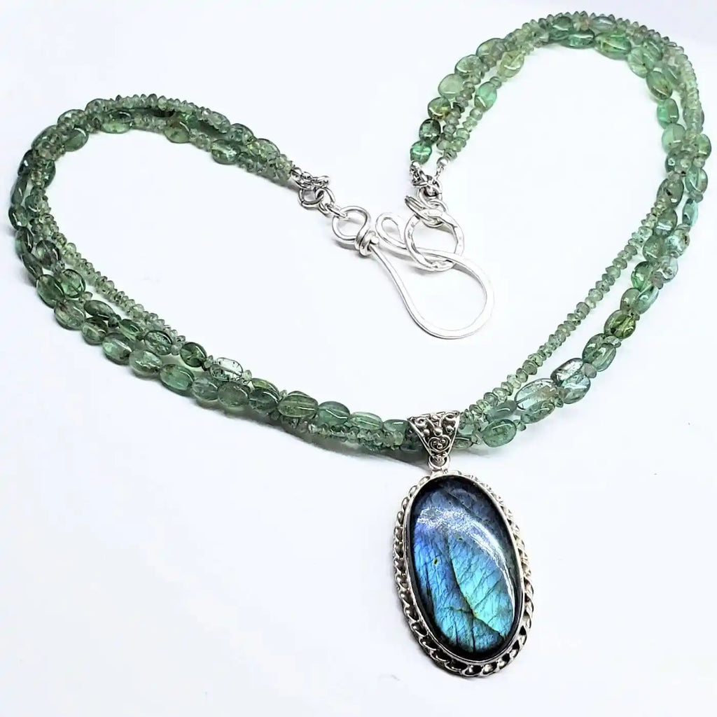 Multi Strand Blue Green Silver Bezel Labradorite Necklace