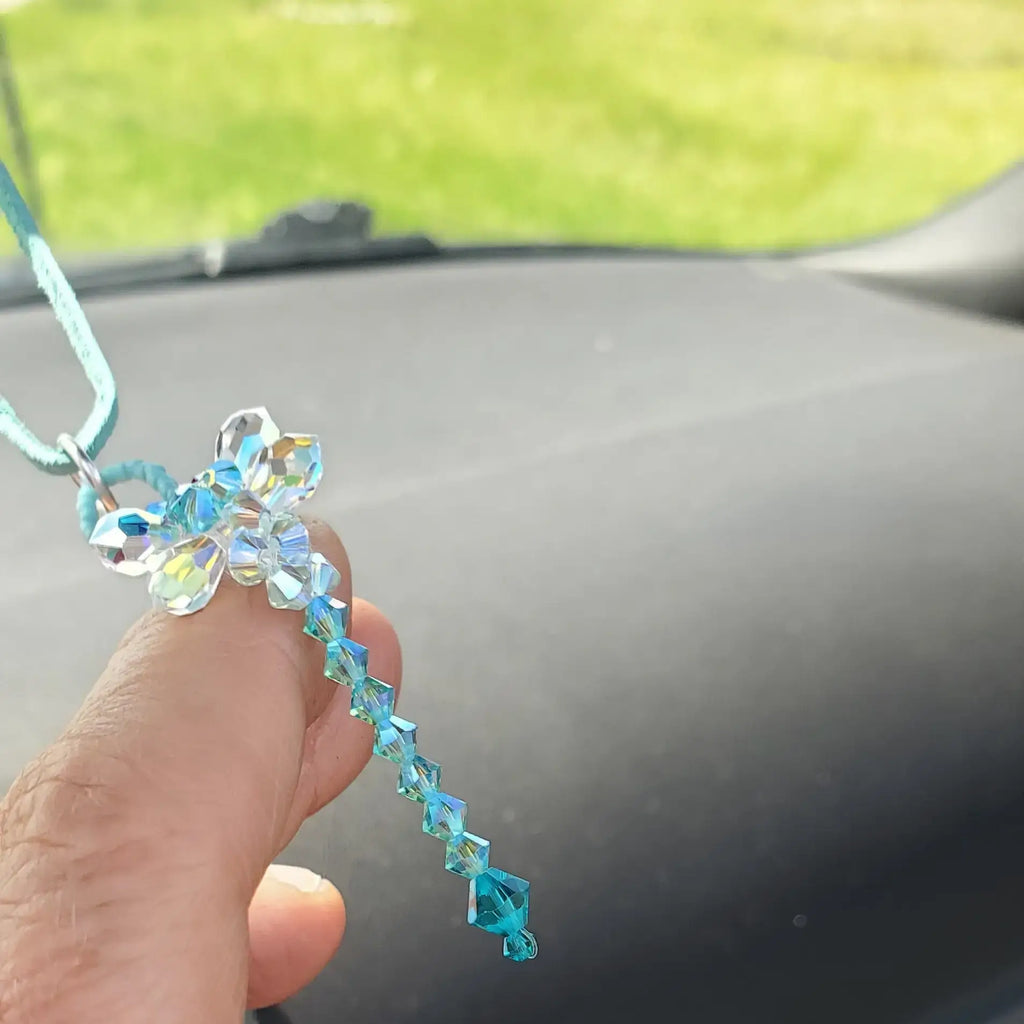 Beaded 3-D Rearview Mirror Colored Crystal Dragonfly Charms