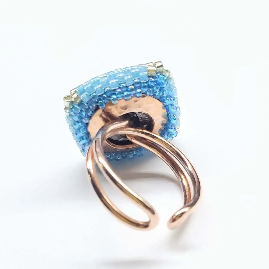 Adjustable Copper Aqua Crystal Bezel Shank Button Ring AS SEEN ON Asia Monet Ray