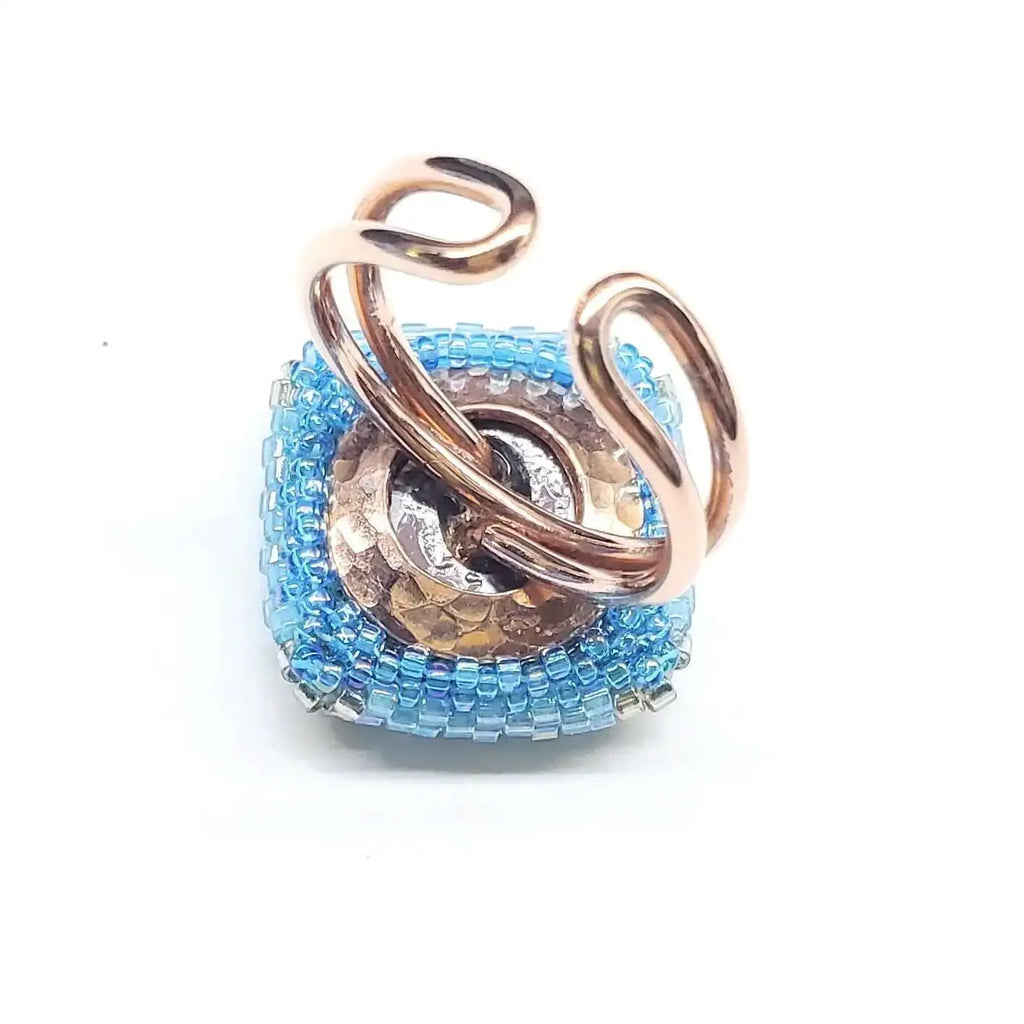 Adjustable Copper Aqua Crystal Bezel Shank Button Ring AS SEEN ON Asia Monet Ray