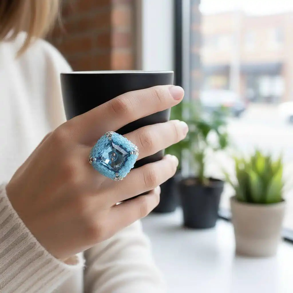Adjustable Copper Aqua Crystal Bezel Shank Button Ring AS SEEN ON Asia Monet Ray