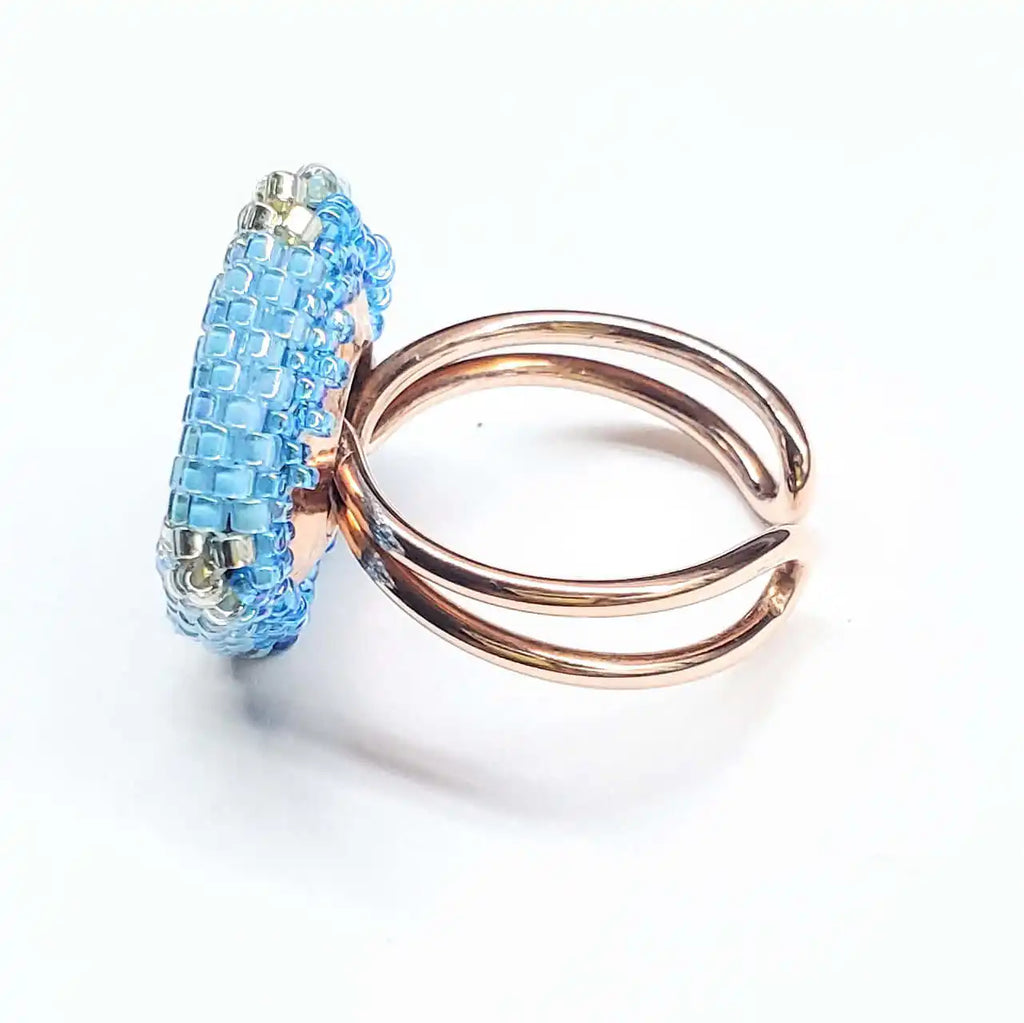 Adjustable Copper Aqua Crystal Bezel Shank Button Ring AS SEEN ON Asia Monet Ray
