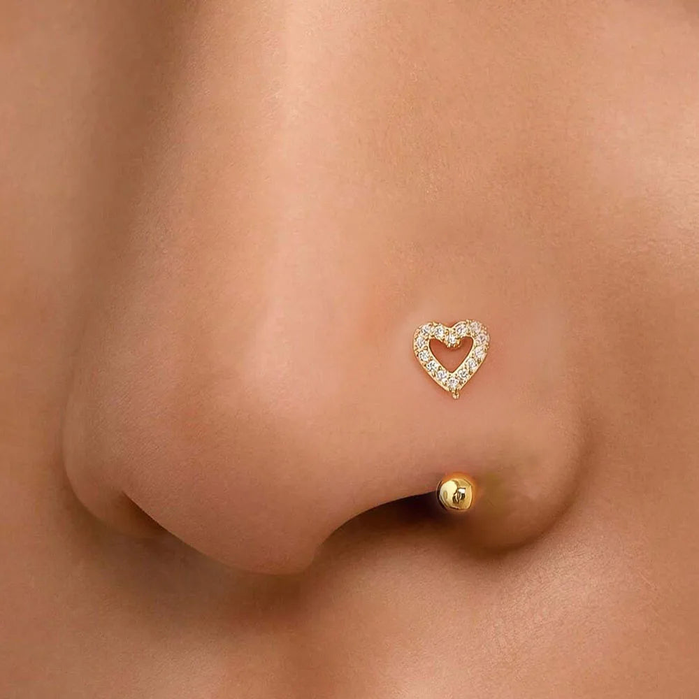 1Pc Zircon Heart-Shaped Nose Ring, 14K Gold Plated Stainless Steel Piercing Jewelry for Women Daily Wear Body Piercing Accessory