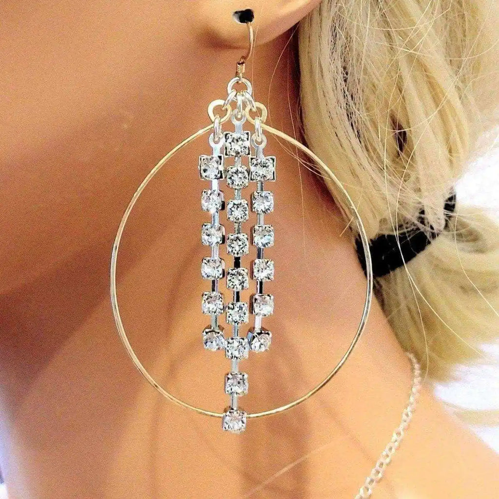 Hammered 14 K Gold Filled Oval Hoop Crystal Chain Earrings