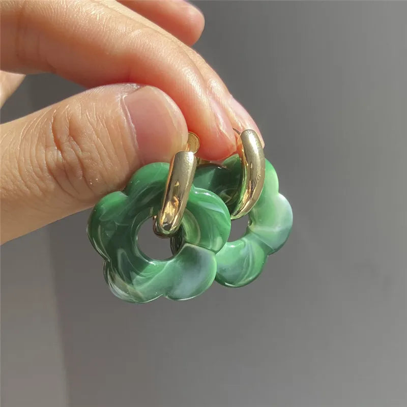 Multicolor Transparent Acrylic Resin Marbling Flower Drop Earrings