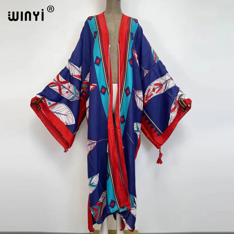 Sukienka Autumn 2021 WINYI Women Cardigan Loose Long Dress Cocktail Party Boho Maxi African Holiday Batwing Sleeve kimono Robe
