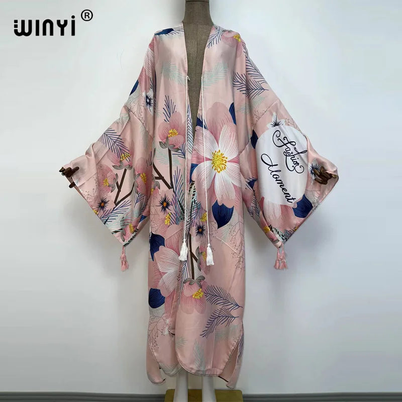 Sukienka Autumn 2021 WINYI Women Cardigan Loose Long Dress Cocktail Party Boho Maxi African Holiday Batwing Sleeve kimono Robe