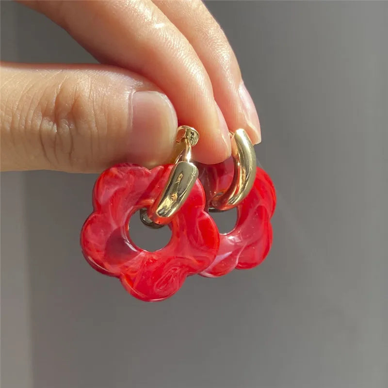 Multicolor Transparent Acrylic Resin Marbling Flower Drop Earrings