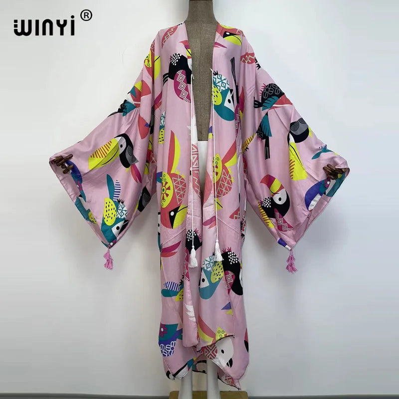 Sukienka Autumn 2021 WINYI Women Cardigan Loose Long Dress Cocktail Party Boho Maxi African Holiday Batwing Sleeve kimono Robe