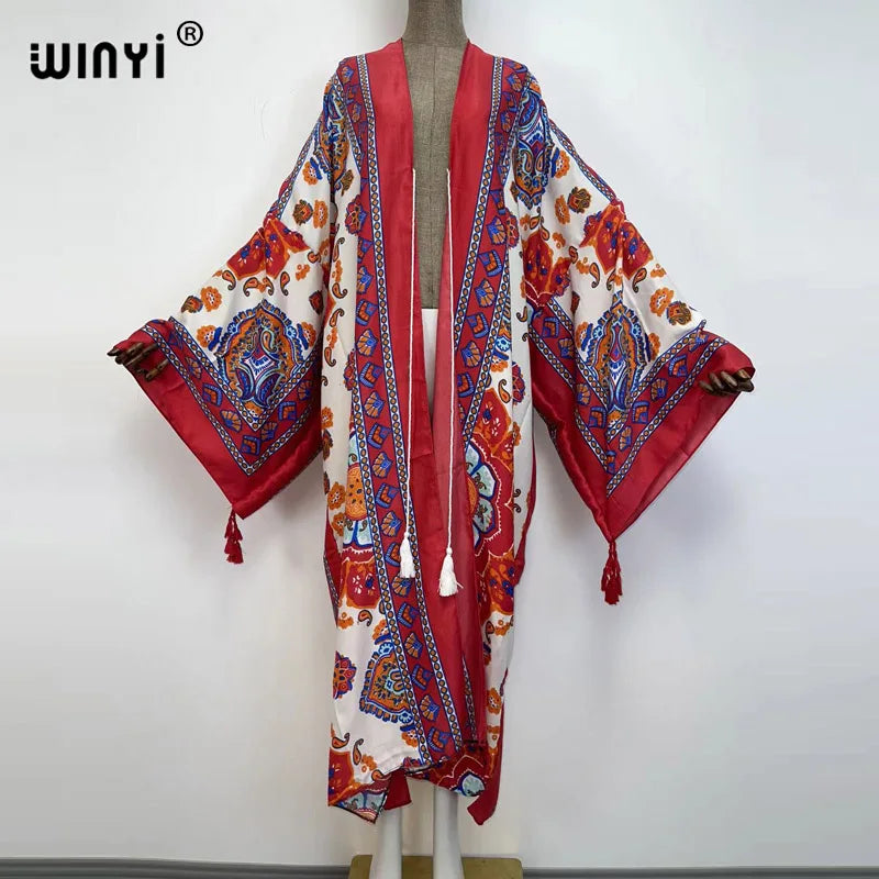 Sukienka Autumn 2021 WINYI Women Cardigan Loose Long Dress Cocktail Party Boho Maxi African Holiday Batwing Sleeve kimono Robe