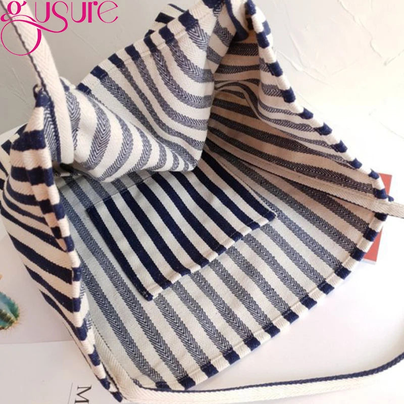 Striped Design Shoulder Bag Large Capacity Canvas Tote Bag for Women Summer Beach Female Casual Travel Handbags