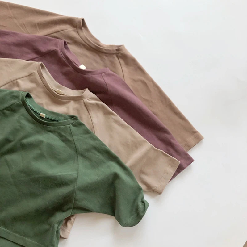 Baby Boys Girls Pure Color T-shirt Tops Autumn Baby Boys Girls Long Sleeve Cotton Pullover T-shirt Children Clothing