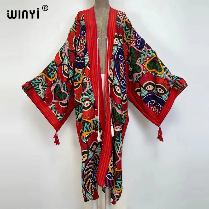 Sukienka Autumn 2021 WINYI Women Cardigan Loose Long Dress Cocktail Party Boho Maxi African Holiday Batwing Sleeve kimono Robe