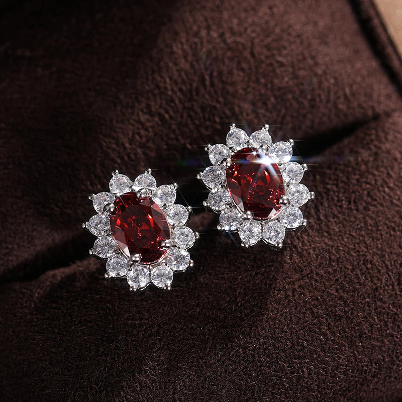 Huitan Full Zircon Stud Earrings for Women Blue/Purple/Red/Pink/Black/White/Green Oval CZ Wedding Trend Female Luxury Jewelry