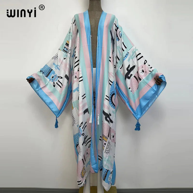 Sukienka Autumn 2021 WINYI Women Cardigan Loose Long Dress Cocktail Party Boho Maxi African Holiday Batwing Sleeve kimono Robe