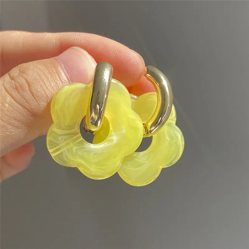 Multicolor Transparent Acrylic Resin Marbling Flower Drop Earrings