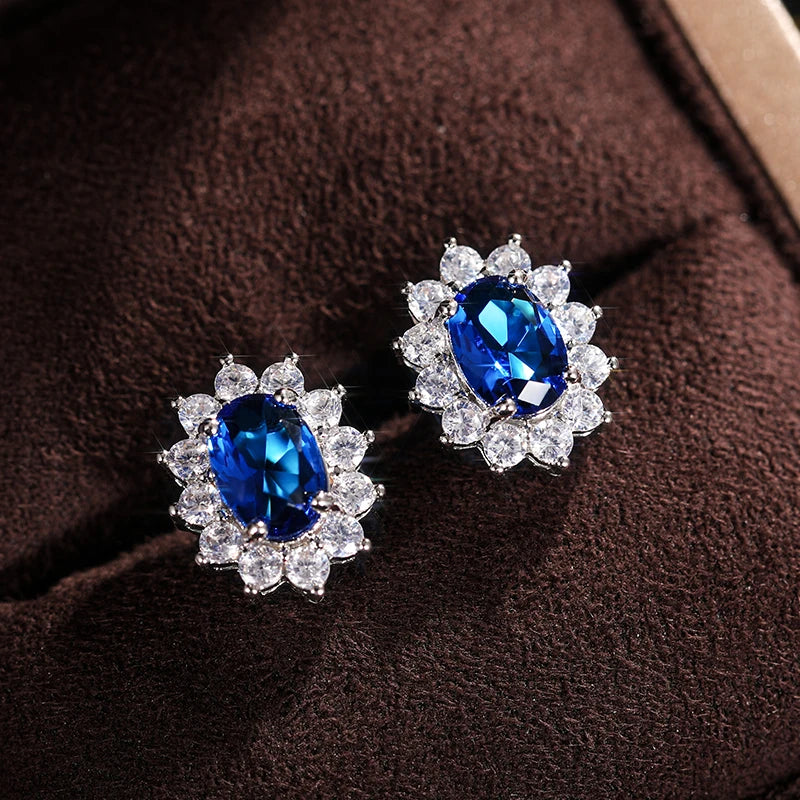 Huitan Full Zircon Stud Earrings for Women Blue/Purple/Red/Pink/Black/White/Green Oval CZ Wedding Trend Female Luxury Jewelry