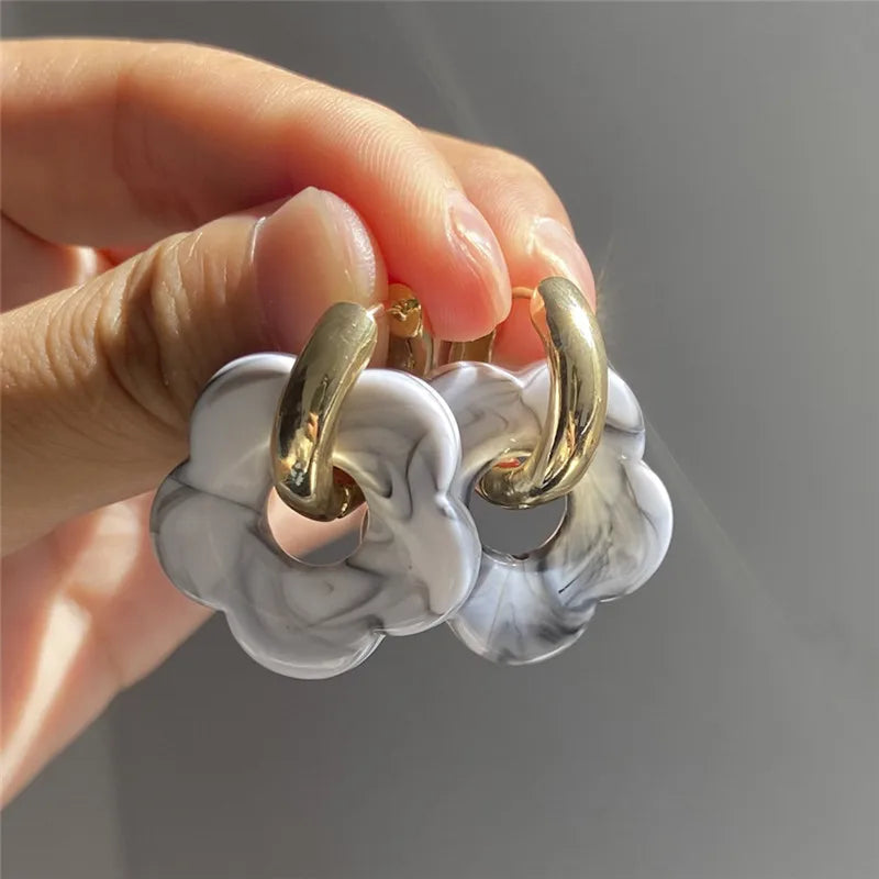 Multicolor Transparent Acrylic Resin Marbling Flower Drop Earrings