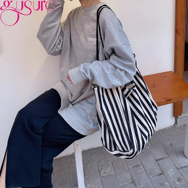 Striped Design Shoulder Bag Large Capacity Canvas Tote Bag for Women Summer Beach Female Casual Travel Handbags
