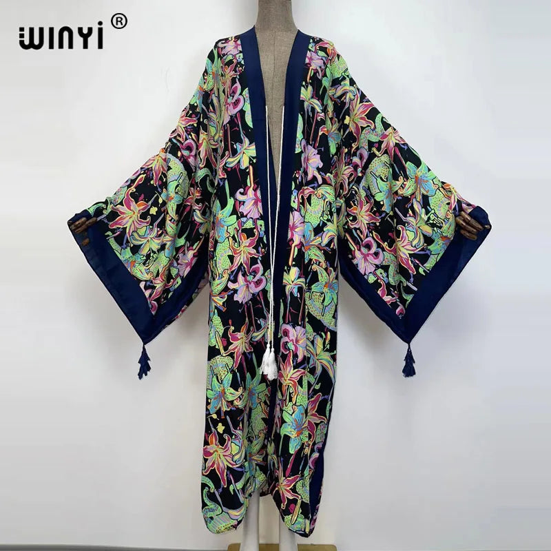 Sukienka Autumn 2021 WINYI Women Cardigan Loose Long Dress Cocktail Party Boho Maxi African Holiday Batwing Sleeve kimono Robe