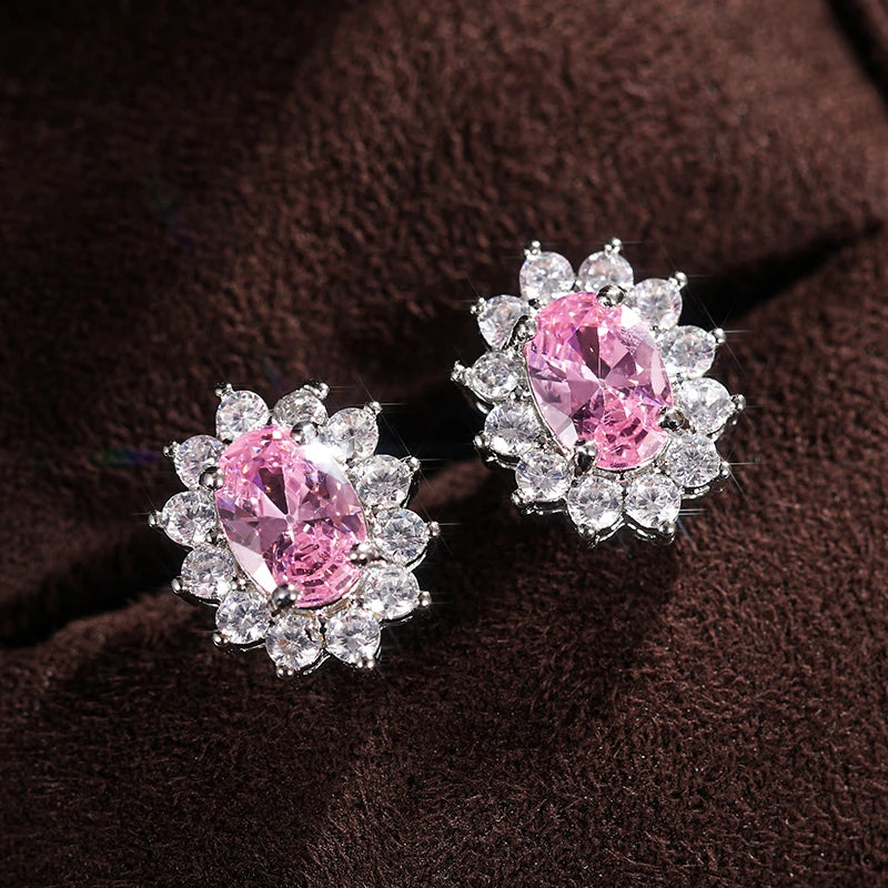 Huitan Full Zircon Stud Earrings for Women Blue/Purple/Red/Pink/Black/White/Green Oval CZ Wedding Trend Female Luxury Jewelry