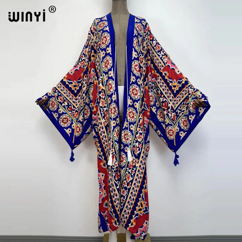 Sukienka Autumn 2021 WINYI Women Cardigan Loose Long Dress Cocktail Party Boho Maxi African Holiday Batwing Sleeve kimono Robe