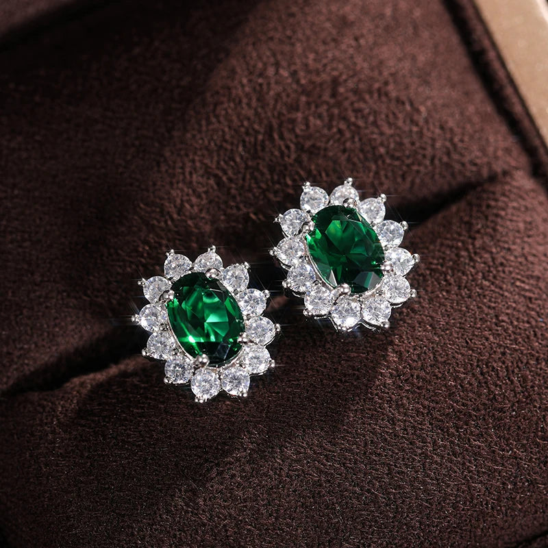 Huitan Full Zircon Stud Earrings for Women Blue/Purple/Red/Pink/Black/White/Green Oval CZ Wedding Trend Female Luxury Jewelry