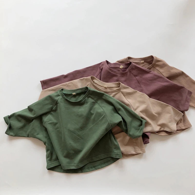 Baby Boys Girls Pure Color T-shirt Tops Autumn Baby Boys Girls Long Sleeve Cotton Pullover T-shirt Children Clothing