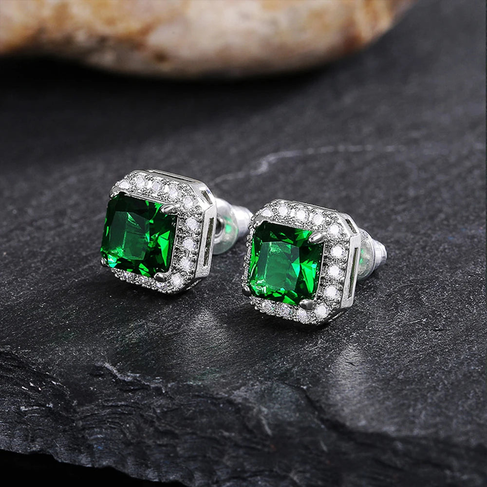 Huitan Rectangle/Square Green Cubic Zircon Stud Earrings Women Elegant Party Accessories Anniversary Gift Lady Timeless Earrings
