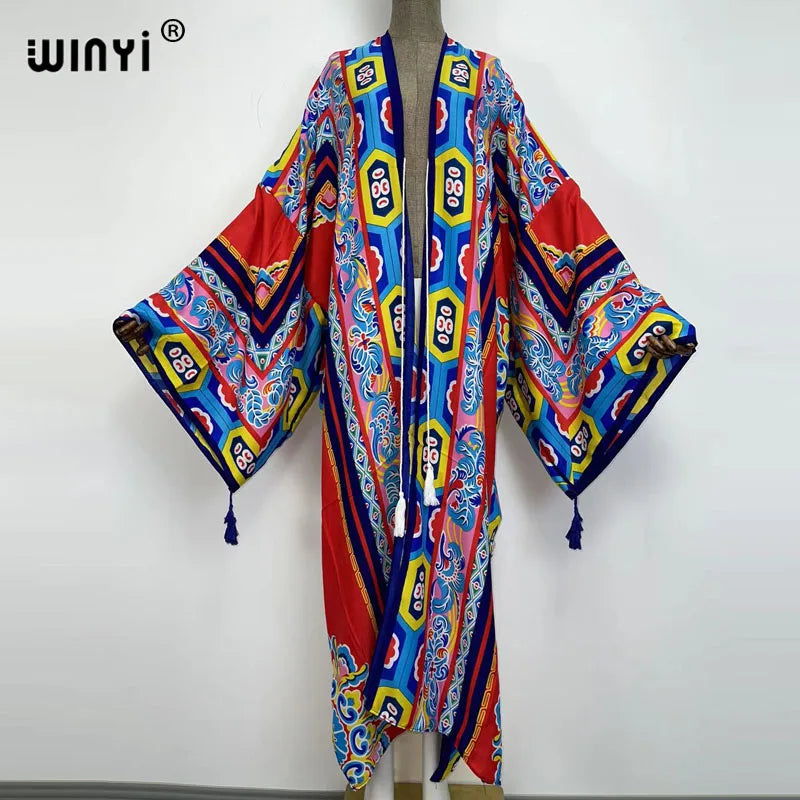 Sukienka Autumn 2021 WINYI Women Cardigan Loose Long Dress Cocktail Party Boho Maxi African Holiday Batwing Sleeve kimono Robe