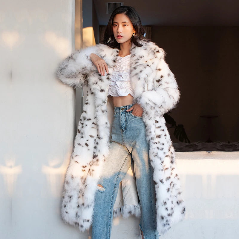 Women's fur coat Imitation fox fur coat black dot leopard print suit long length large size winter warm leather windbreaker