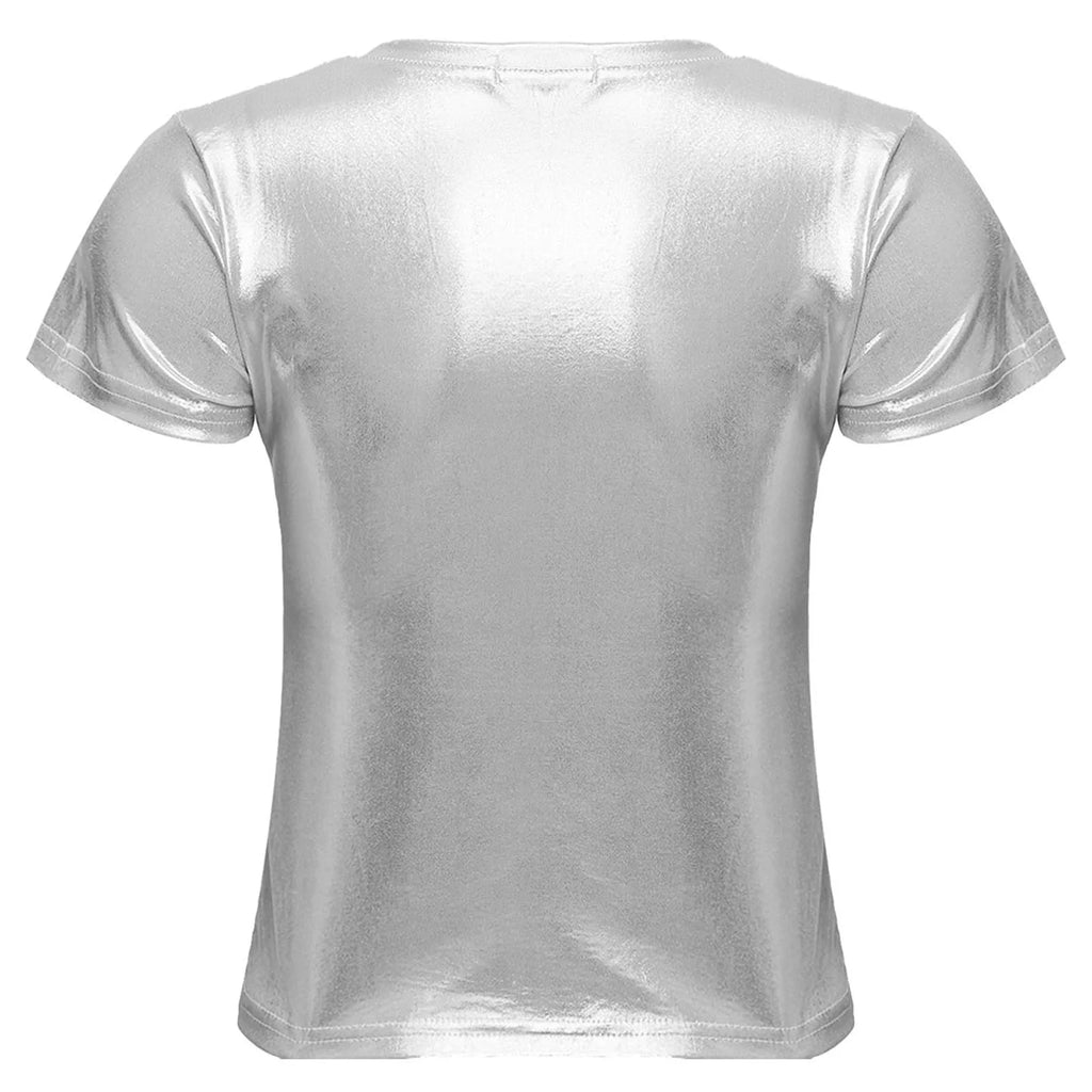 Women Shiny Metallic Silver Short Sleeve T-shirt Sexy Round Neck Glossy Solid Color Tops for Dance Party Rave Festival Clubwear