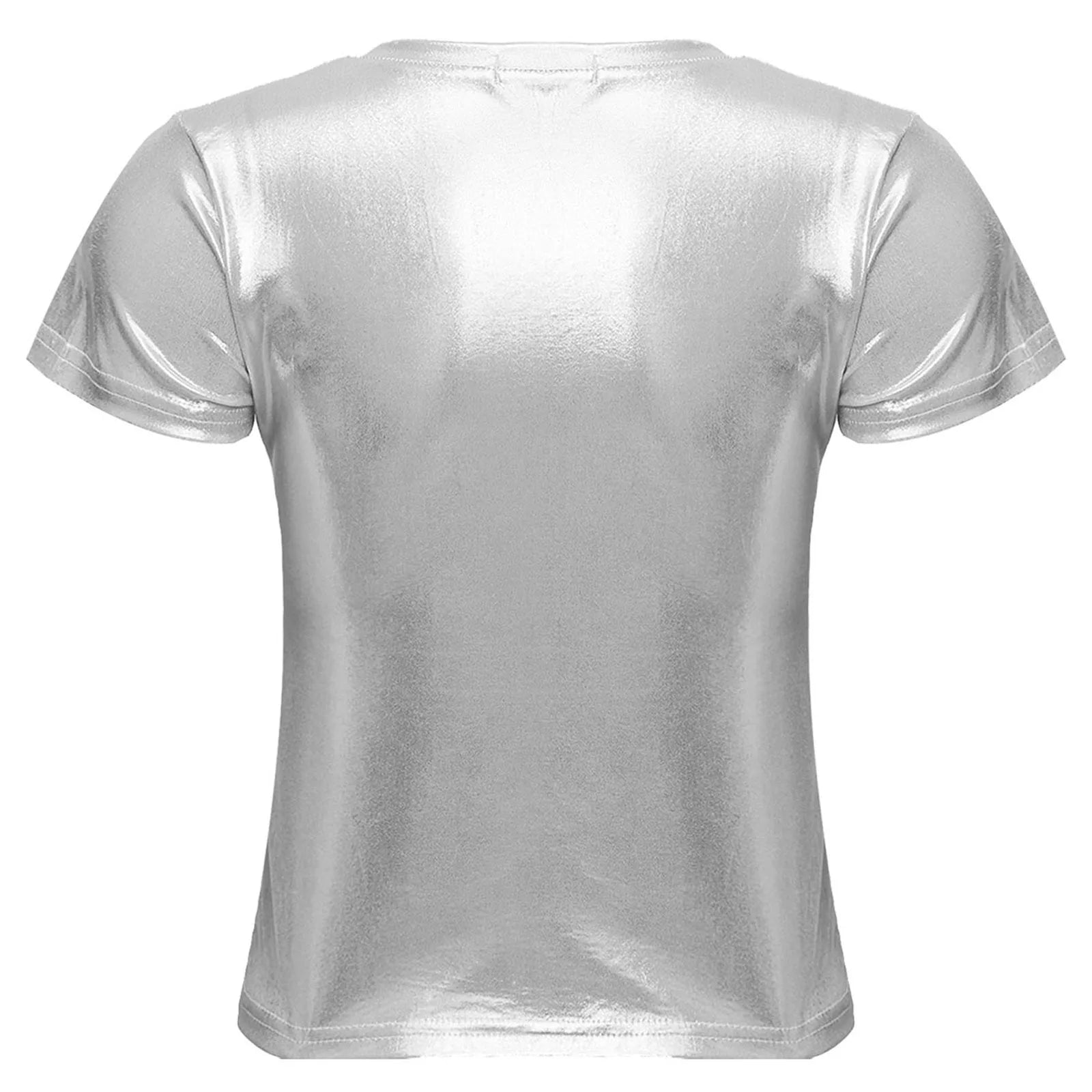 Women Shiny Metallic Silver Short Sleeve T-shirt Sexy Round Neck Glossy Solid Color Tops for Dance Party Rave Festival Clubwear