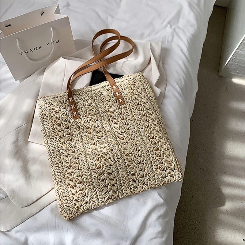 Square Hollow Straw Beach Bag Handmade Woven Shoulder Bag Raffia Rattan Shopping Travel Bag Bohemian Summer Vacation Casual Tote