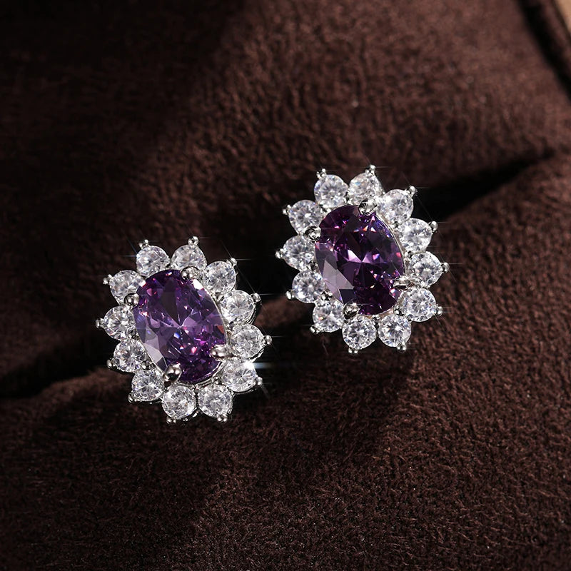 Huitan Full Zircon Stud Earrings for Women Blue/Purple/Red/Pink/Black/White/Green Oval CZ Wedding Trend Female Luxury Jewelry