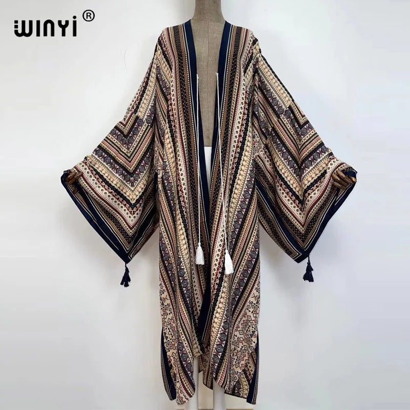 Sukienka Autumn 2021 WINYI Women Cardigan Loose Long Dress Cocktail Party Boho Maxi African Holiday Batwing Sleeve kimono Robe