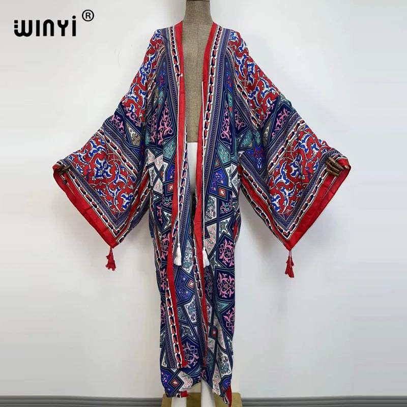 Sukienka Autumn 2021 WINYI Women Cardigan Loose Long Dress Cocktail Party Boho Maxi African Holiday Batwing Sleeve kimono Robe