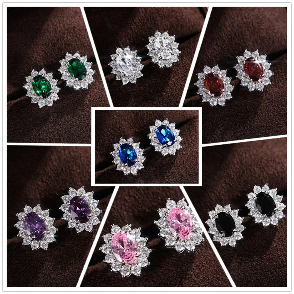 Huitan Full Zircon Stud Earrings for Women Blue/Purple/Red/Pink/Black/White/Green Oval CZ Wedding Trend Female Luxury Jewelry