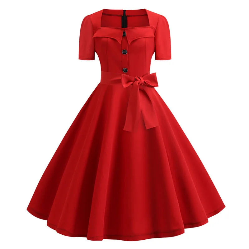 Women Square Collar Elegant Vintage Summer Dress Short Sleeve Midi Dress Robe Femme Casual Office Party Dress